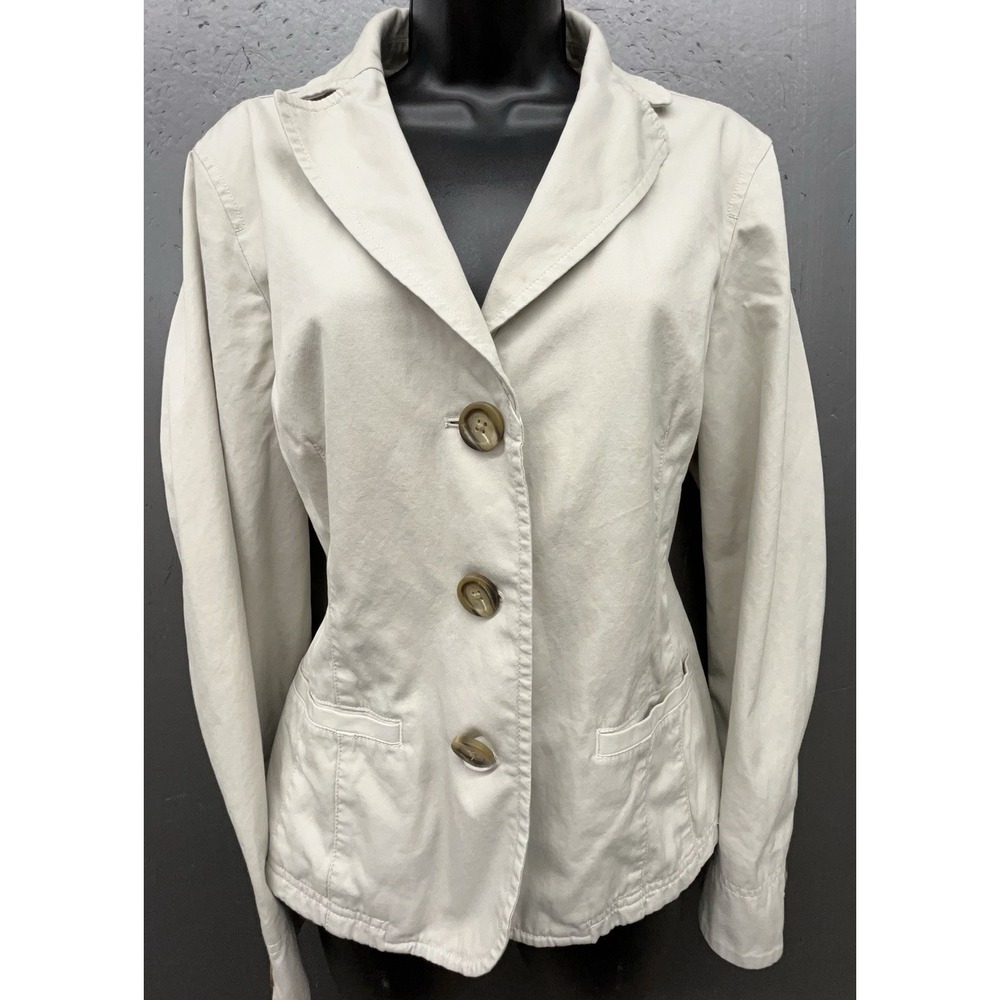 LL Bean Jacket Blazer Women‎ 14 Beige Cotton Pockets Preppy Coastal Casual